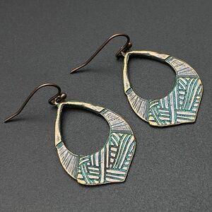 Bronze with Blue Patina Boho Tribal Style Embossed Dangling Drop Hook Earrings
